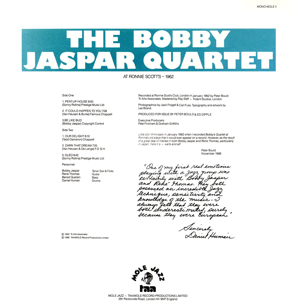 Bobby Jaspar - The Bobby Jaspar Quartet At Ronnie Scotts -1962 - Back cover